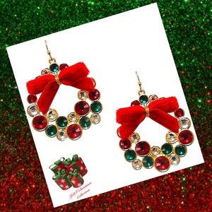 New Red Green & Gold Rhinestone Christmas Wreath Statement Earrings
